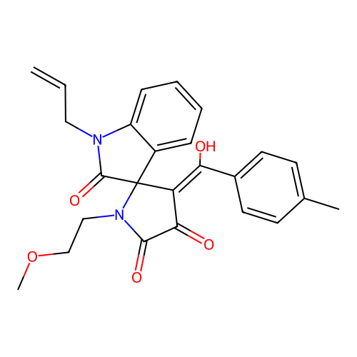 4'-[hydroxy-(4-methylphenyl)methylidene]-1'-(2-methoxyethyl)-1-prop-2-enylspiro[indole-3,5'-pyrrolidine]-2,2',3'-trione structure
