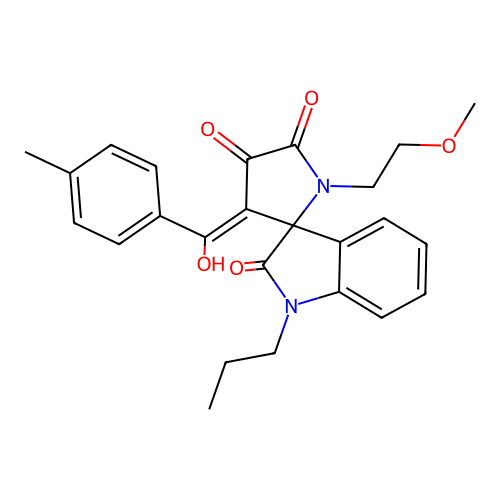 4'-[hydroxy-(4-methylphenyl)methylidene]-1'-(2-methoxyethyl)-1-propylspiro[indole-3,5'-pyrrolidine]-2,2',3'-trione structure