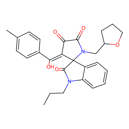 4'-[hydroxy-(4-methylphenyl)methylidene]-1'-(oxolan-2-ylmethyl)-1-propylspiro[indole-3,5'-pyrrolidine]-2,2',3'-trione structure