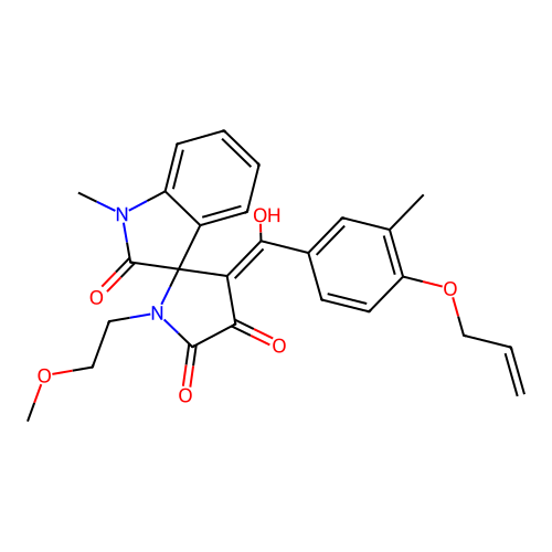 4'-[hydroxy-(3-methyl-4-prop-2-enoxyphenyl)methylidene]-1'-(2-methoxyethyl)-1-methylspiro[indole-3,5'-pyrrolidine]-2,2',3'-trione structure