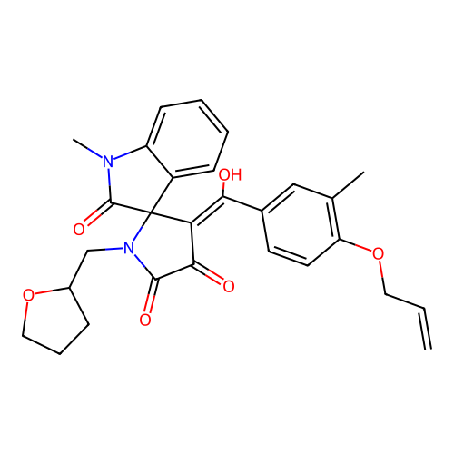 4'-[hydroxy-(3-methyl-4-prop-2-enoxyphenyl)methylidene]-1-methyl-1'-(oxolan-2-ylmethyl)spiro[indole-3,5'-pyrrolidine]-2,2',3'-trione structure