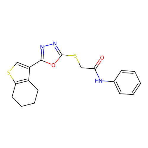 N-phenyl-2-{[5-(4,5,6,7-tetrahydro-1-benzothiophen-3-yl)-1,3,4-oxadiazol-2-yl]sulfanyl}acetamide structure