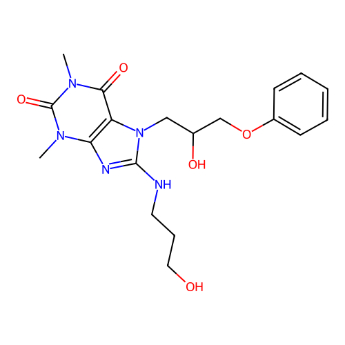 7-(2-hydroxy-3-phenoxypropyl)-8-((3-hydroxypropyl)amino)-1,3-dimethyl-1H-purine-2,6(3H,7H)-dione structure