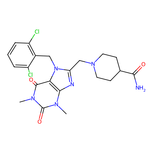 1-((7-(2,6-dichlorobenzyl)-1,3-dimethyl-2,6-dioxo-2,3,6,7-tetrahydro-1H-purin-8-yl)methyl)piperidine-4-carboxamide structure