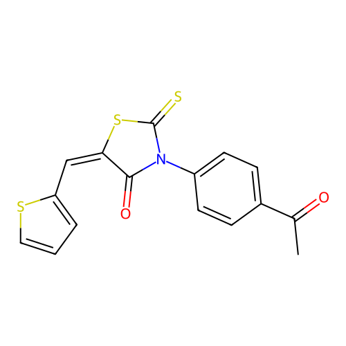 (E)-3-(4-acetylphenyl)-5-(thiophen-2-ylmethylene)-2-thioxothiazolidin-4-one structure