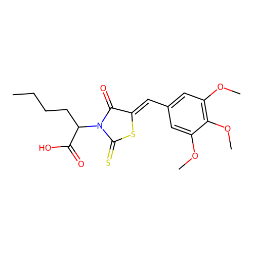 2-[(5Z)-4-oxo-2-sulfanylidene-5-[(3,4,5-trimethoxyphenyl)methylidene]-1,3-thiazolidin-3-yl]hexanoic acid structure