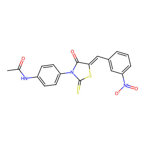(Z)-N-(4-(5-(3-nitrobenzylidene)-4-oxo-2-thioxothiazolidin-3-yl)phenyl)acetamide structure