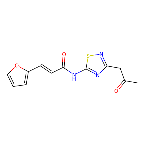 (2E)-3-(furan-2-yl)-N-[3-(2-oxopropyl)-1,2,4-thiadiazol-5-yl]prop-2-enamide structure