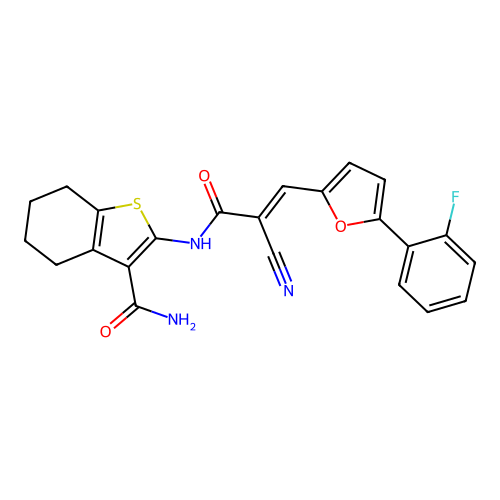 (E)-2-(2-cyano-3-(5-(2-fluorophenyl)furan-2-yl)acrylamido)-4,5,6,7-tetrahydrobenzo[b]thiophene-3-carboxamide structure