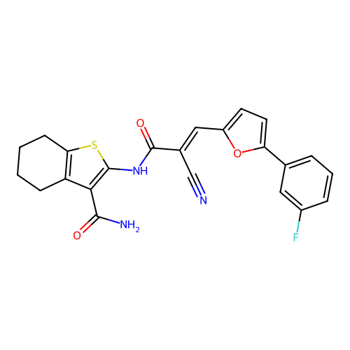 (E)-2-(2-cyano-3-(5-(3-fluorophenyl)furan-2-yl)acrylamido)-4,5,6,7-tetrahydrobenzo[b]thiophene-3-carboxamide structure