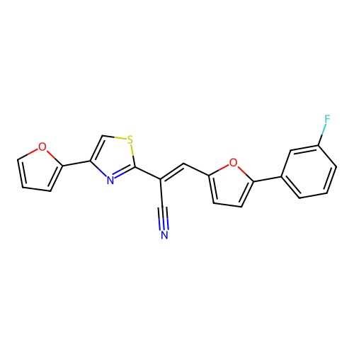 (2E)-3-[5-(3-fluorophenyl)furan-2-yl]-2-[4-(furan-2-yl)-1,3-thiazol-2-yl]prop-2-enenitrile structure