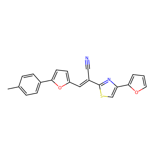(2E)-2-[4-(furan-2-yl)-1,3-thiazol-2-yl]-3-[5-(4-methylphenyl)furan-2-yl]prop-2-enenitrile structure