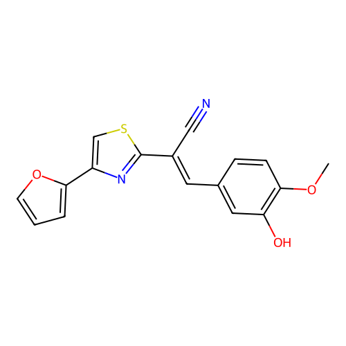 (E)-2-(4-(furan-2-yl)thiazol-2-yl)-3-(3-hydroxy-4-methoxyphenyl)acrylonitrile structure