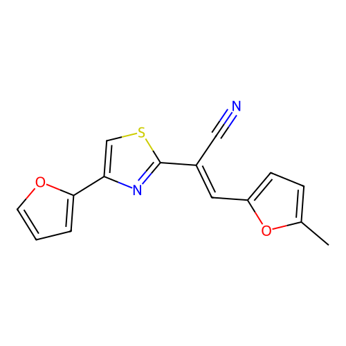 (2E)-2-[4-(furan-2-yl)-1,3-thiazol-2-yl]-3-(5-methylfuran-2-yl)prop-2-enenitrile structure