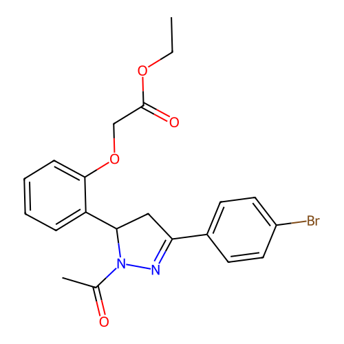 Ethyl 2-[2-[2-acetyl-5-(4-bromophenyl)-3,4-dihydropyrazol-3-yl]phenoxy]acetate structure