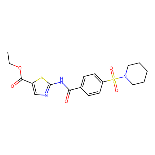 Ethyl 2-(4-(piperidin-1-ylsulfonyl)benzamido)thiazole-5-carboxylate structure