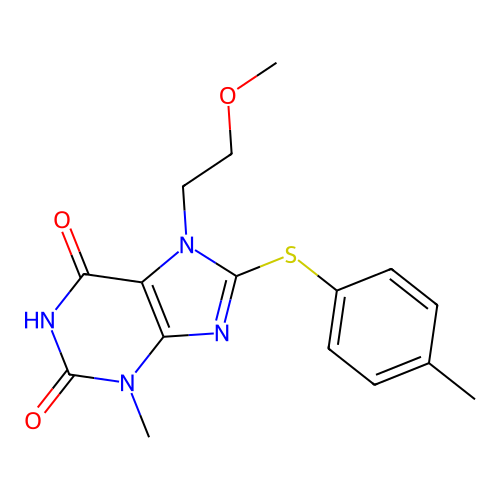7-(2-Methoxyethyl)-3-methyl-8-(4-methylphenyl)sulfanylpurine-2,6-dione structure