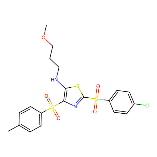 2-((4-chlorophenyl)sulfonyl)-N-(3-methoxypropyl)-4-tosylthiazol-5-amine structure