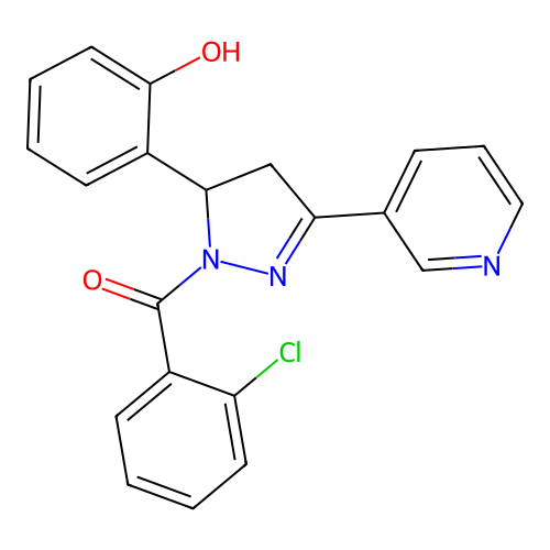 2-[1-(2-chlorobenzoyl)-3-(pyridin-3-yl)-4,5-dihydro-1H-pyrazol-5-yl]phenol structure