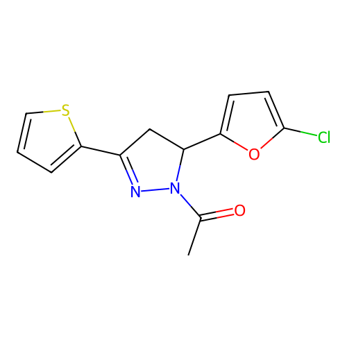 1-(5-(5-chlorofuran-2-yl)-3-(thiophen-2-yl)-4,5-dihydro-1H-pyrazol-1-yl)ethanone structure