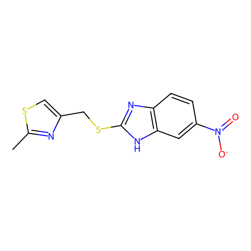 2-methyl-4-(((5-nitro-1H-benzo[d]imidazol-2-yl)thio)methyl)thiazole structure