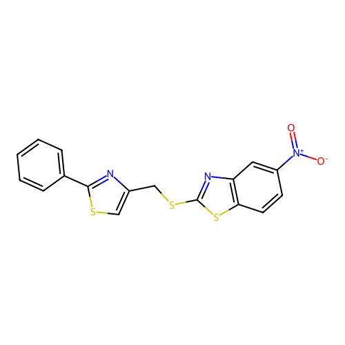 5-Nitro-2-(((2-phenylthiazol-4-yl)methyl)thio)benzo[d]thiazole structure