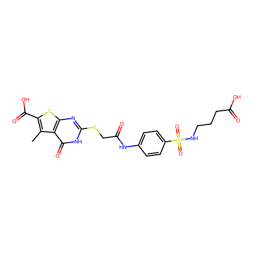 2-((2-((4-(N-(3-carboxypropyl)sulfamoyl)phenyl)amino)-2-oxoethyl)thio)-5-methyl-4-oxo-3,4-dihydrothieno[2,3-d]pyrimidine-6-carboxylic acid structure