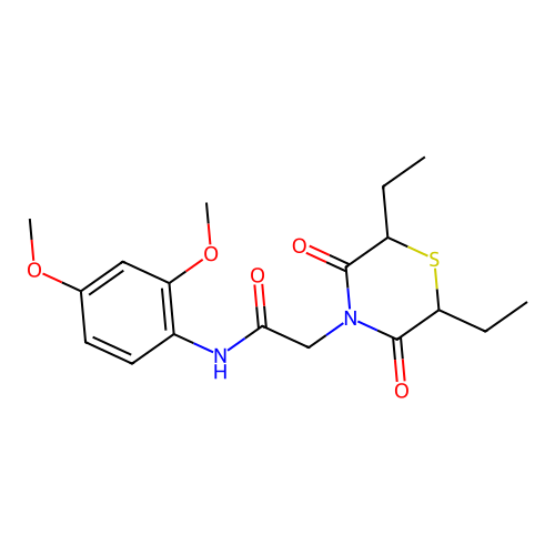 2-(2,6-diethyl-3,5-dioxothiomorpholin-4-yl)-N-(2,4-dimethoxyphenyl)acetamide structure