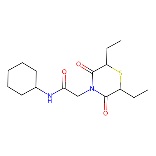 N-cyclohexyl-2-(2,6-diethyl-3,5-dioxothiomorpholin-4-yl)acetamide structure