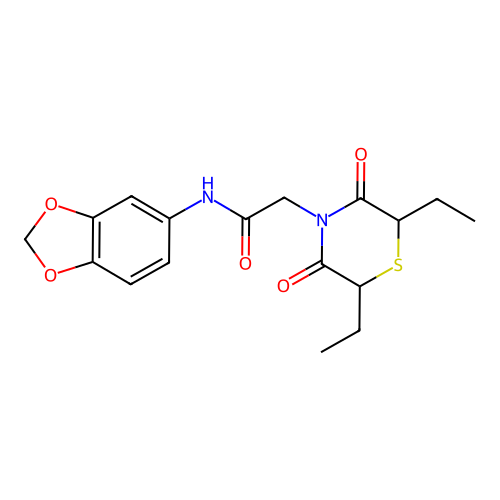N-(1,3-benzodioxol-5-yl)-2-(2,6-diethyl-3,5-dioxothiomorpholin-4-yl)acetamide structure