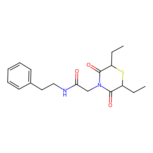 2-(2,6-diethyl-3,5-dioxothiomorpholin-4-yl)-N-(2-phenylethyl)acetamide structure
