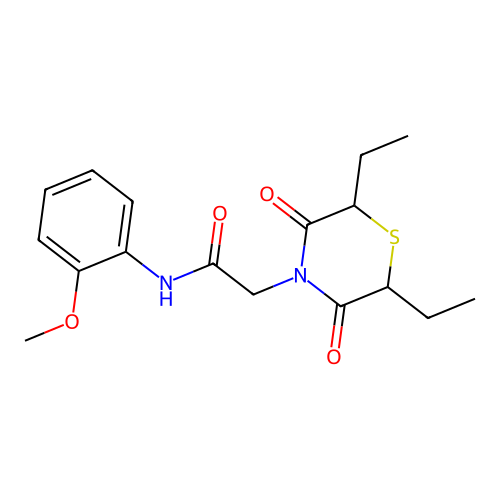 2-(2,6-diethyl-3,5-dioxothiomorpholin-4-yl)-N-(2-methoxyphenyl)acetamide structure