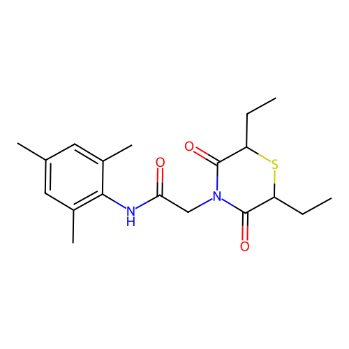 2-(2,6-diethyl-3,5-dioxothiomorpholin-4-yl)-N-(2,4,6-trimethylphenyl)acetamide structure