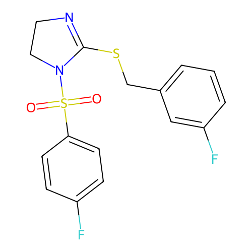 1-(4-fluorobenzenesulfonyl)-2-{[(3-fluorophenyl)methyl]sulfanyl}-4,5-dihydro-1H-imidazole structure