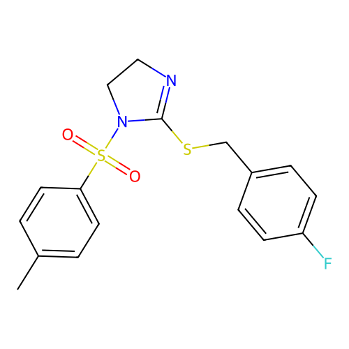2-((4-fluorobenzyl)thio)-1-tosyl-4,5-dihydro-1H-imidazole structure