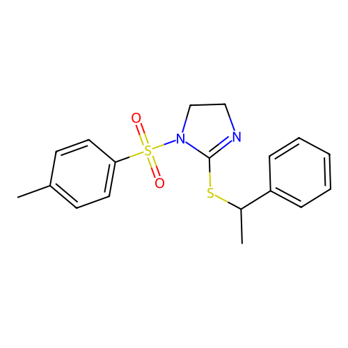 2-((1-phenylethyl)thio)-1-tosyl-4,5-dihydro-1H-imidazole structure