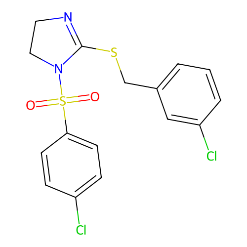 1-(4-chlorobenzenesulfonyl)-2-{[(3-chlorophenyl)methyl]sulfanyl}-4,5-dihydro-1H-imidazole structure