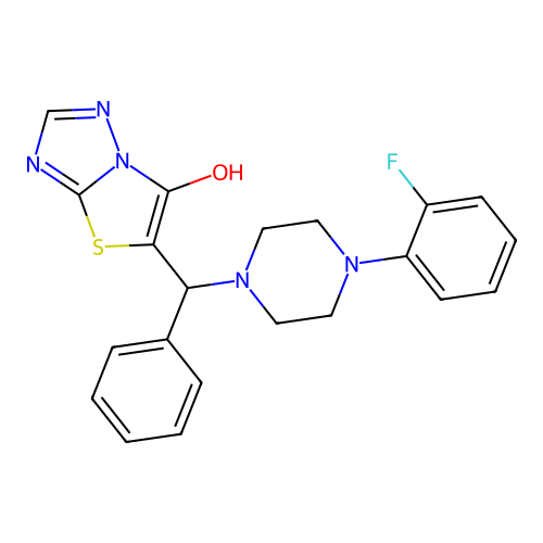 5-((4-(2-fluorophenyl)piperazin-1-yl)(phenyl)methyl)thiazolo[3,2-b][1,2,4]triazol-6-ol structure