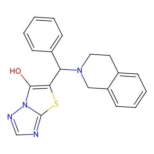 5-[3,4-dihydro-1H-isoquinolin-2-yl(phenyl)methyl]-6-thiazolo[3,2-b][1,2,4]triazolol structure