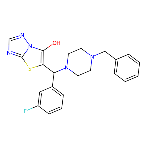 5-[(4-benzylpiperazin-1-yl)(3-fluorophenyl)methyl]-[1,2,4]triazolo[3,2-b][1,3]thiazol-6-ol structure