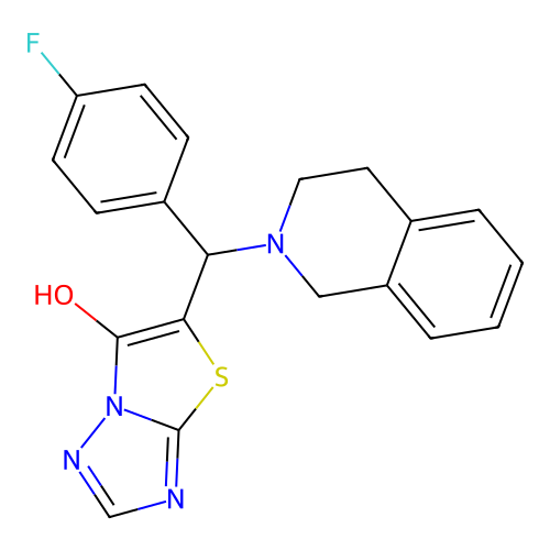 5-[3,4-dihydro-1H-isoquinolin-2-yl-(4-fluorophenyl)methyl]-[1,3]thiazolo[3,2-b][1,2,4]triazol-6-ol structure