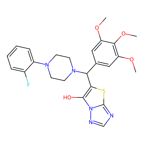 5-[[4-(2-fluorophenyl)piperazin-1-yl]-(3,4,5-trimethoxyphenyl)methyl]-[1,3]thiazolo[3,2-b][1,2,4]triazol-6-ol structure