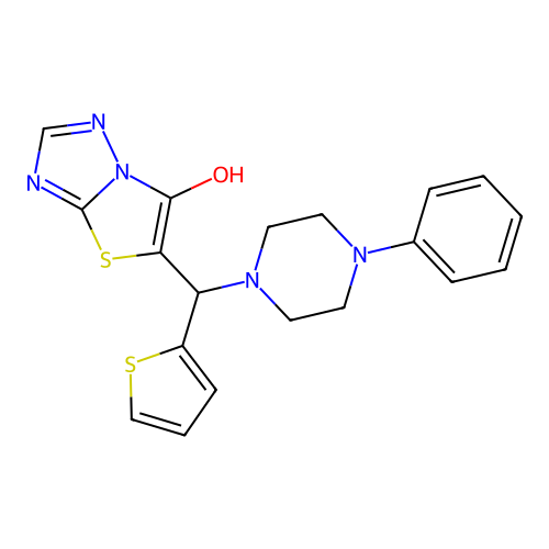 5-[(4-phenyl-1-piperazinyl)-thiophen-2-ylmethyl]-6-thiazolo[3,2-b][1,2,4]triazolol structure