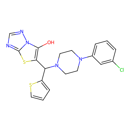 5-[[4-(3-chlorophenyl)piperazin-1-yl]-thiophen-2-ylmethyl]-[1,3]thiazolo[3,2-b][1,2,4]triazol-6-ol structure
