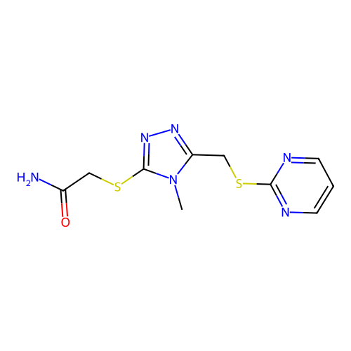 2-((4-methyl-5-((pyrimidin-2-ylthio)methyl)-4H-1,2,4-triazol-3-yl)thio)acetamide structure