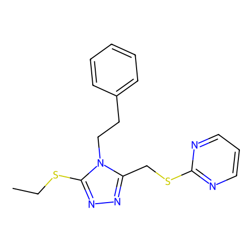 2-(((5-(ethylthio)-4-phenethyl-4H-1,2,4-triazol-3-yl)methyl)thio)pyrimidine structure