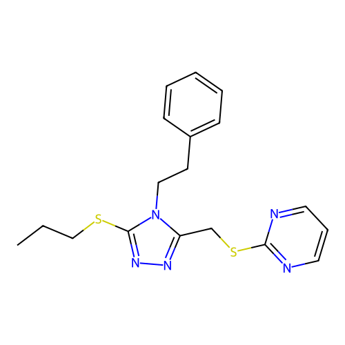 2-(((4-phenethyl-5-(propylthio)-4H-1,2,4-triazol-3-yl)methyl)thio)pyrimidine structure