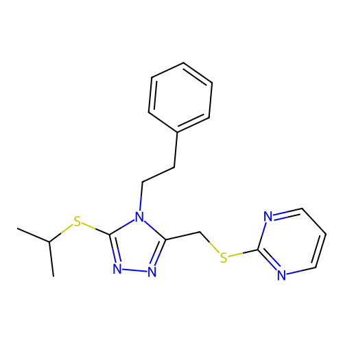 2-(((5-(isopropylthio)-4-phenethyl-4H-1,2,4-triazol-3-yl)methyl)thio)pyrimidine structure
