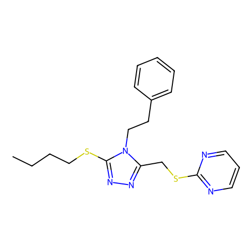 2-(((5-(butylthio)-4-phenethyl-4H-1,2,4-triazol-3-yl)methyl)thio)pyrimidine structure