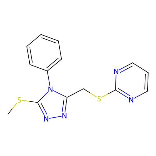 2-(((5-(methylthio)-4-phenyl-4H-1,2,4-triazol-3-yl)methyl)thio)pyrimidine structure
